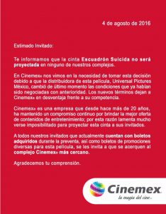 Cinemex no proyectara "Escuadrón Suicida" cinemex comunicado
