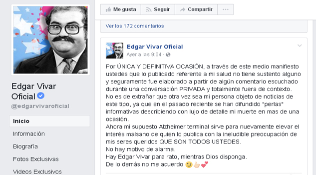 Niega Édgar Vivar sufrir de Alzheimer terminal Niega Édagar Vivar sufrir de Alzheimer terminal