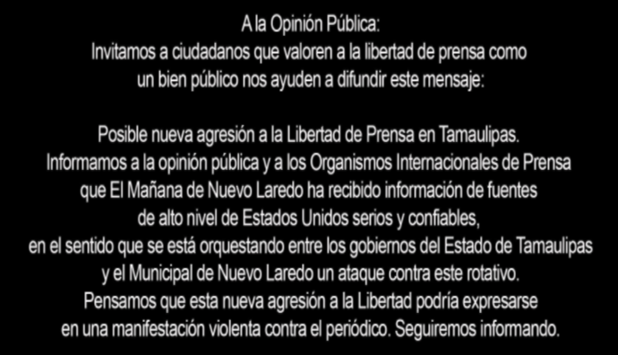Advierten inminente ataque al periódico El Mañana Advierten inminente ataque contra El Mañana El Mañana de Nuevo Laredo