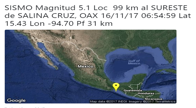 Se registra sismo de 5.1 grados en Salina Cruz, Oaxaca