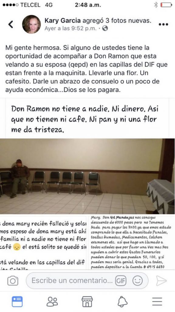 La FOTO de un hombre de 70 años velando a su esposa totalmente solo conmueve a coahuilense
