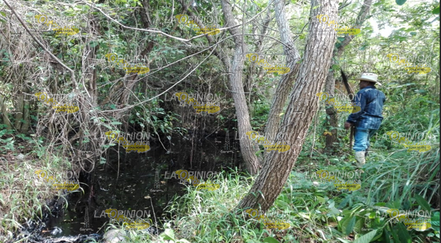 Arroyo severamente contaminado por derrame de hidrocarburo en el municipio de Tancoco