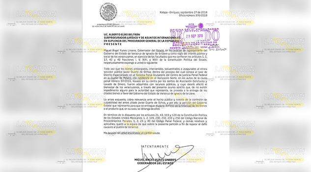 Gobernador de Veracruz, exige a PGR bienes decomisados a Javier Duarte