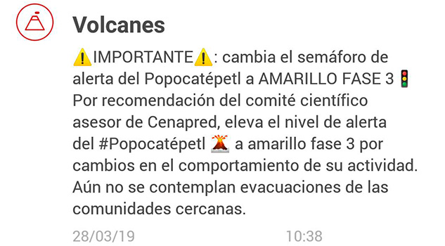 Cambia el semáforo de alerta del Popocatépetl a amarillo fase 3 Cambia el semáforo de alerta del Popocatépetl a amarillo fase 3