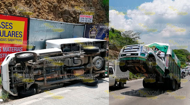 Vuelca camioneta y otra queda con el "morro" arriba Vuelca camioneta y otra queda con el morro arriba