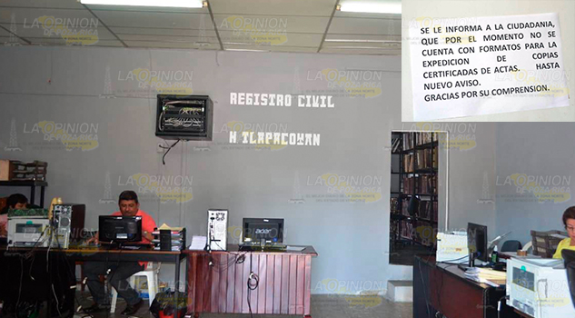 No hay formatos en el registro civil de Tlapacoyan