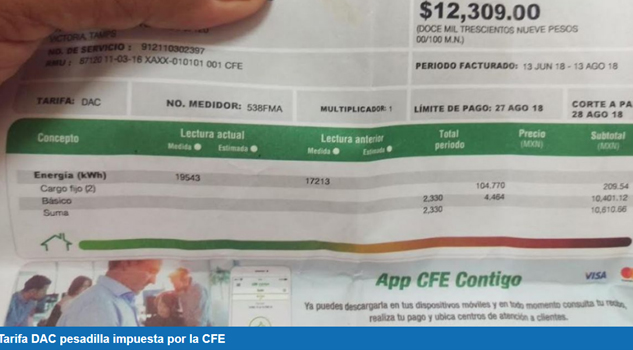 Tarifa DAC pesadilla impuesta por la CFE