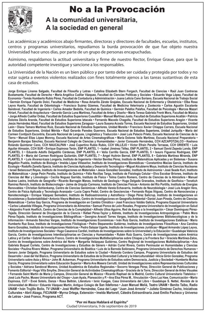 Directores de la UNAM respaldan castigo a responsables de vandalizar la Rectoría
