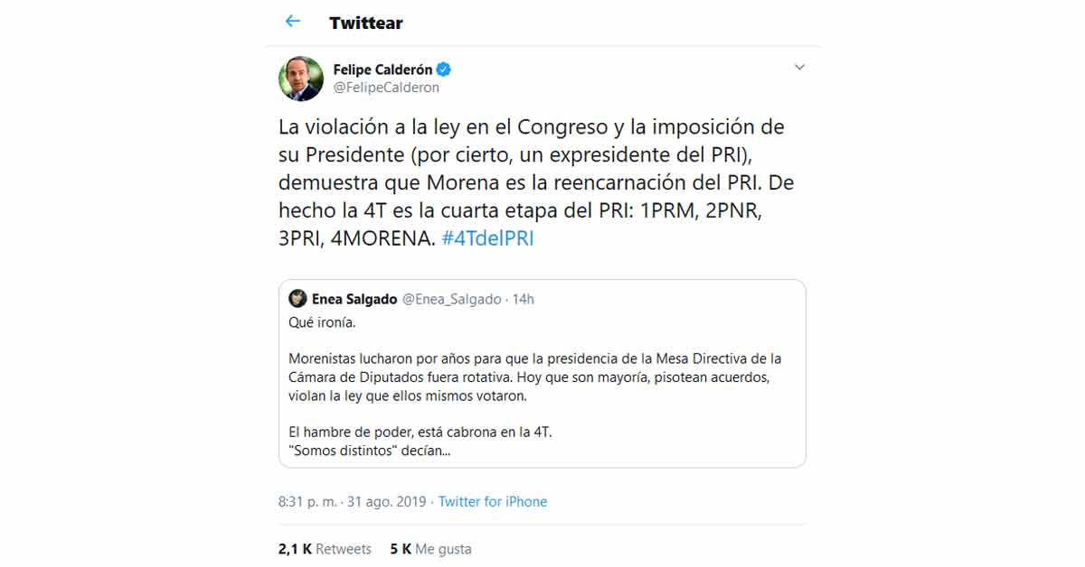 Morena es la reencarnación del PRI: Calderón