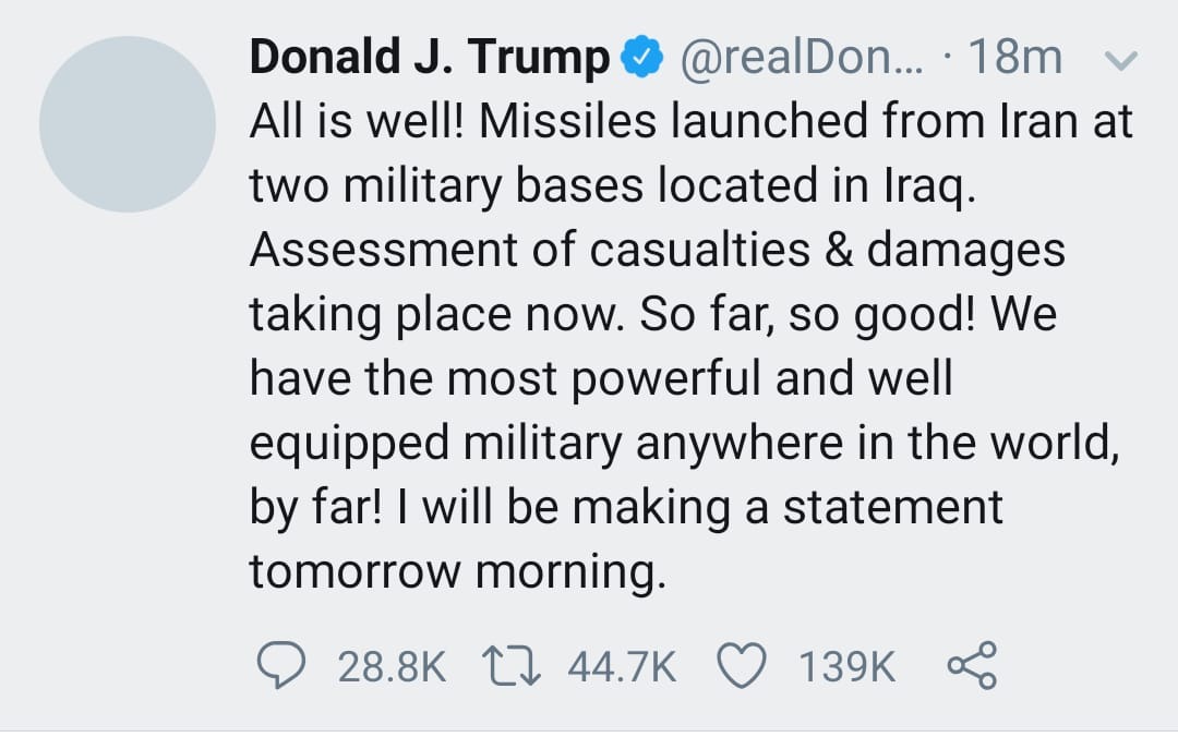 Responde Donald Trump tener todo bajo control tras ataque en Irak