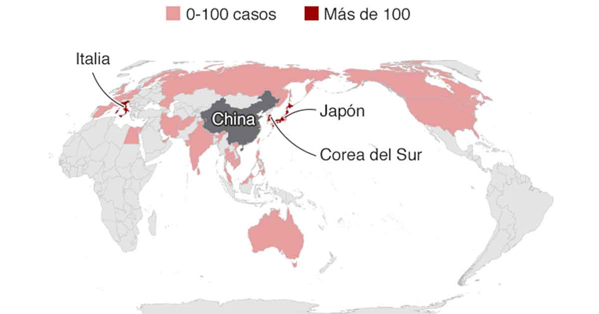 El mapa que muestra el alcance global de la epidemia de coronavirus