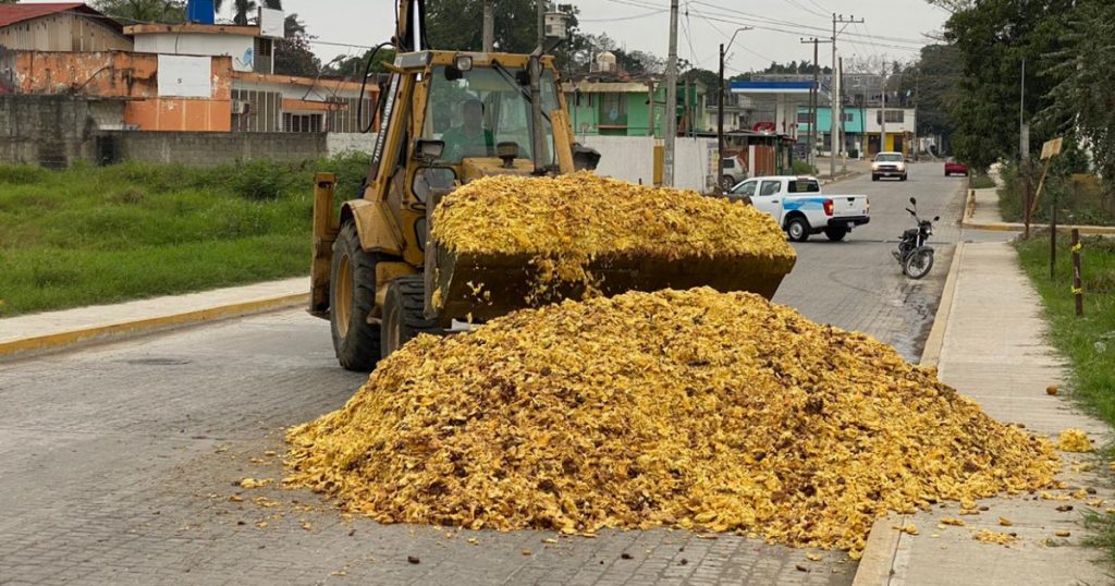 Descargan desechos cítricos en transitada calle