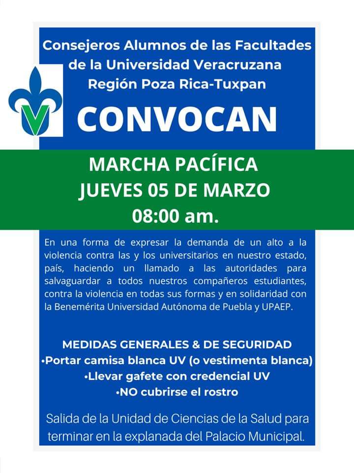Alumnos de la Universidad Veracruzana anuncian marcha pacífica en Poza Rica