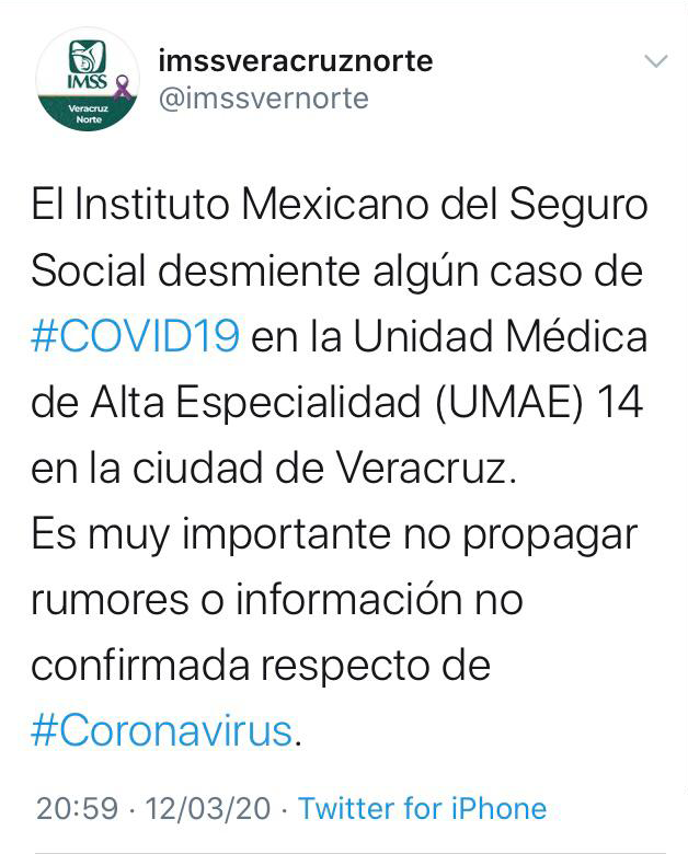Niegan contagio de coronavirus en Veracruz