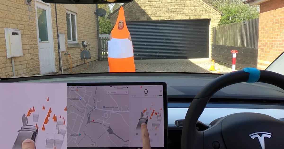 Disfraza a su mujer de cono para ver cómo reacciona su Tesla