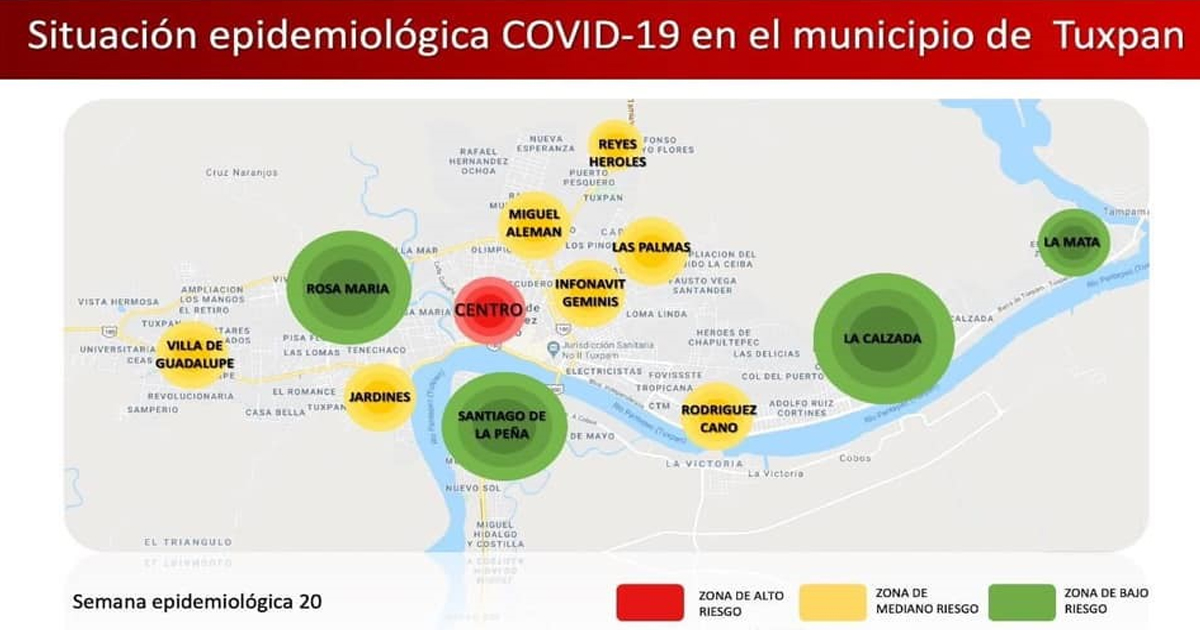 Muestran en mapa las zonas de mayor riesgo por Covid-19 en Tuxpan