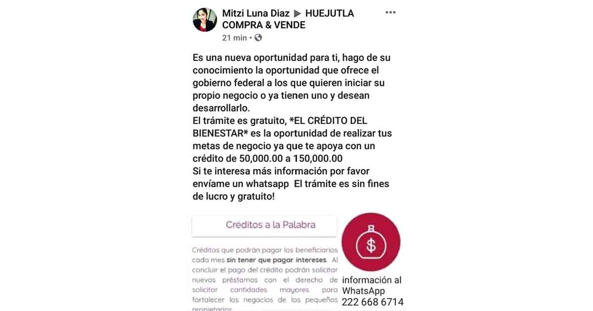 Ofrecen créditos Bienestar a través de Facebook de hasta 150 mil pesos