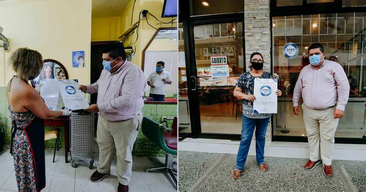 Entrega alcalde primeros distintivos Sana Distancia a empresas en Tuxpan