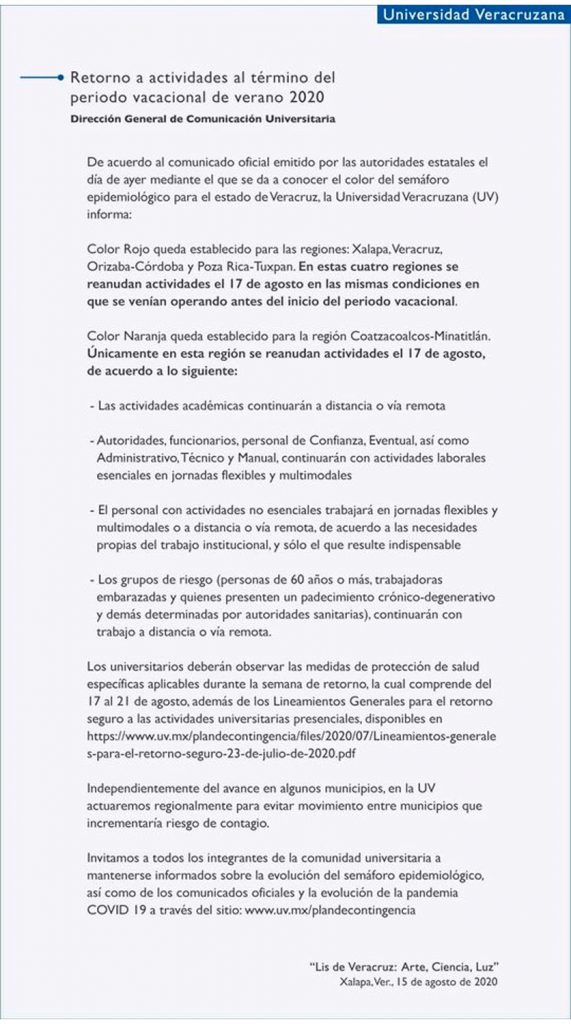 Actividades de UV, de acuerdo a semáforo epidemiológico