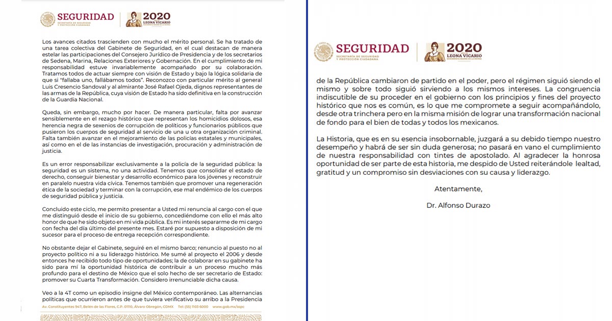 Esta es la carta de renuncia de Alfonso Durazo