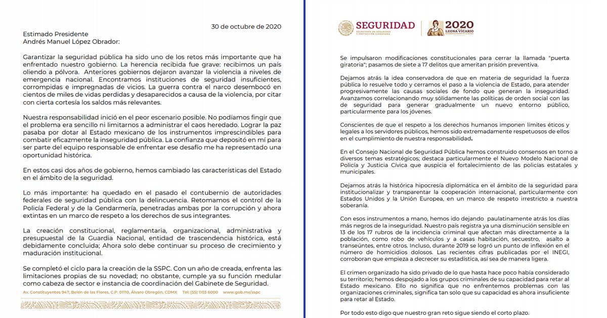 Esta es la carta de renuncia de Alfonso Durazo