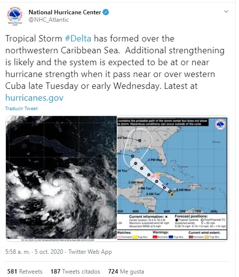 Se forma tormenta tropical Delta en el Mar Caribe y amenaza a Cuba