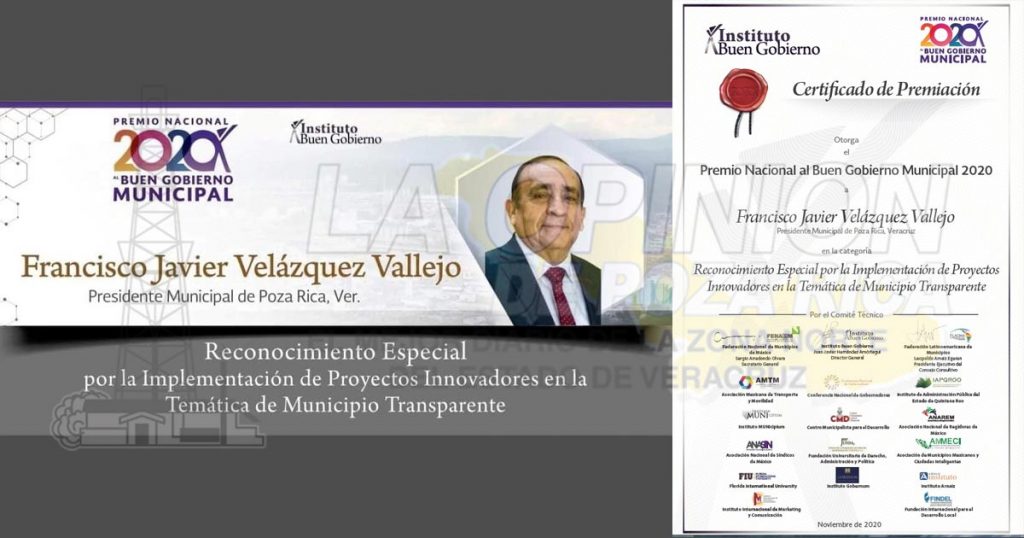 Recibe Poza Rica Premio Nacional al Buen Gobierno 2020