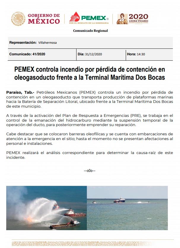 Pemex atiende incendio y derrame en Dos Bocas