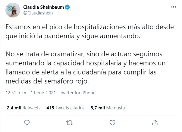 Sheinbaum llama a no dramatizar la pandemia