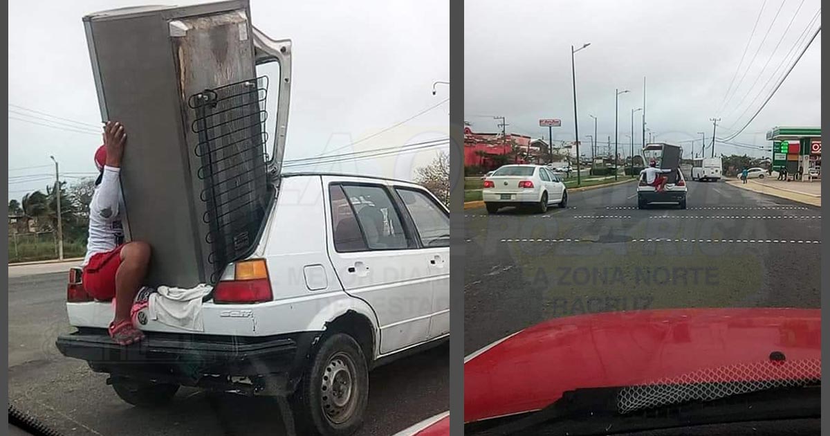 Transportan refri en la cajuela y se hacen virales