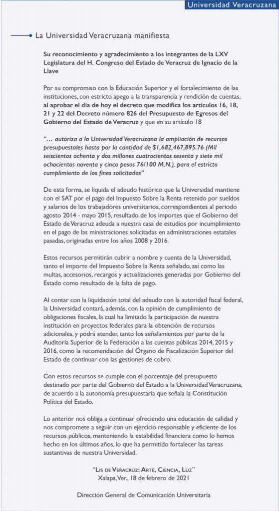 Rectoría reconoce a Diputados de MORENA, por apoyar la ampliación presupuestal de la UV