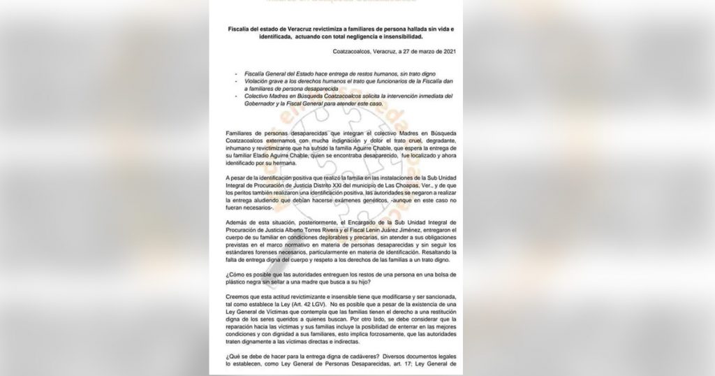 Fiscalía entrega restos de desaparecido en bolsas negras