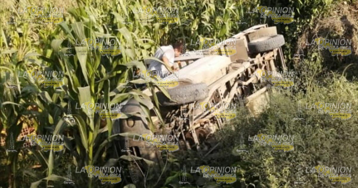 Aparatosa volcadura de camioneta repartidora de pollo, en Cazones