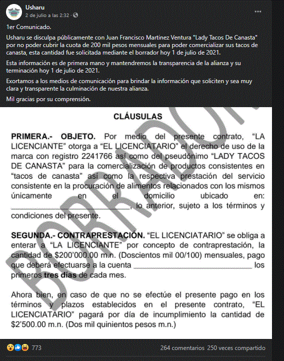 Lady Tacos de Canasta exigía $200 mil mensuales: restaurante Usharu