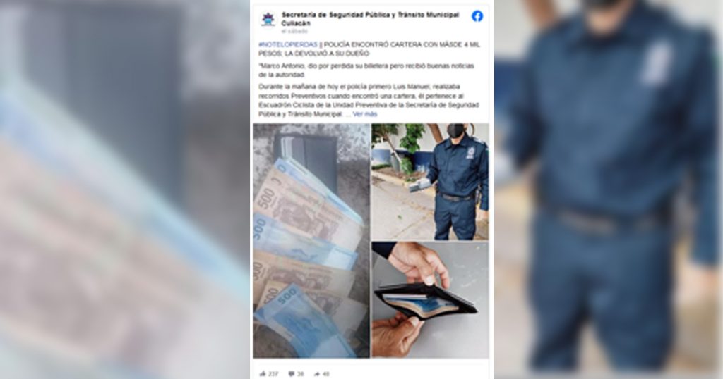 Policía devuelve cartera con más de 4 mil pesos a su dueño