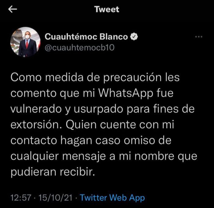 Usurpan WhatsApp de Cuauhtémoc Blanco para extorsionar personas