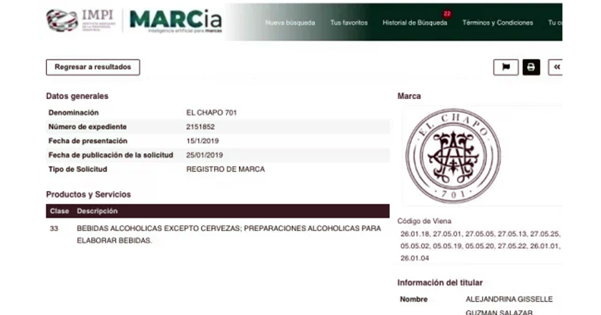 Niegan a la hija del Chapo entregar derechos de marca "El Chapo 701" para vender bebidas alcohólicas