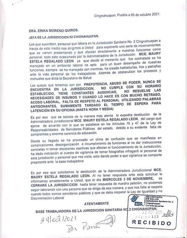 Señalan de acoso laboral a administradora de la Jurisdicción Sanitaria No .02