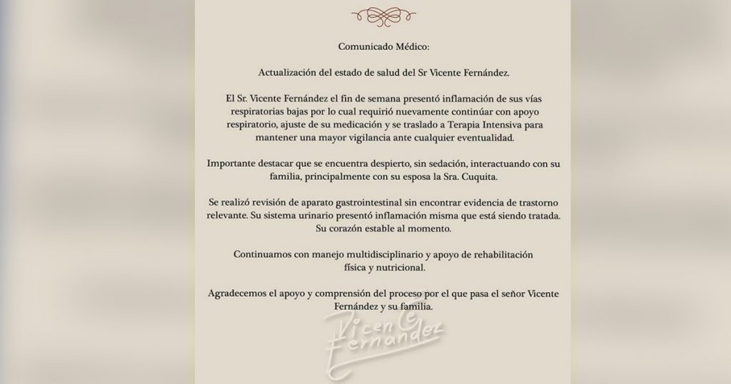 Vicente Fernández está despierto y sin sedación; familia da reporte médico