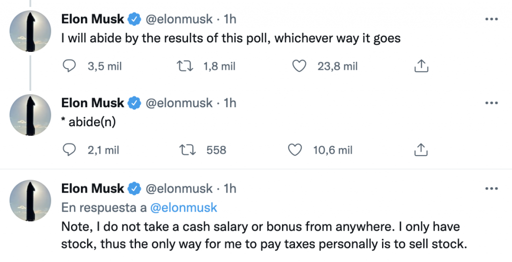 Para evitar elusión fiscal, Elon Musk pregunta en Twitter si debería vender el 10% de acciones de Tesla