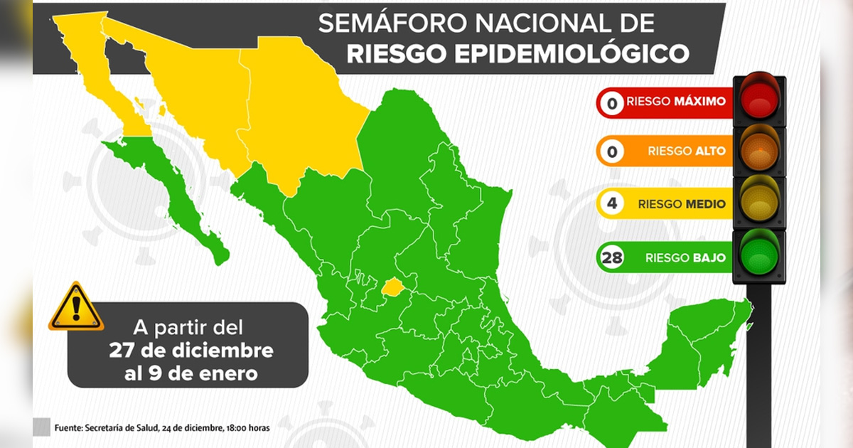 México cierra 2021 con 28 estados en semáforo epidemiológico verde