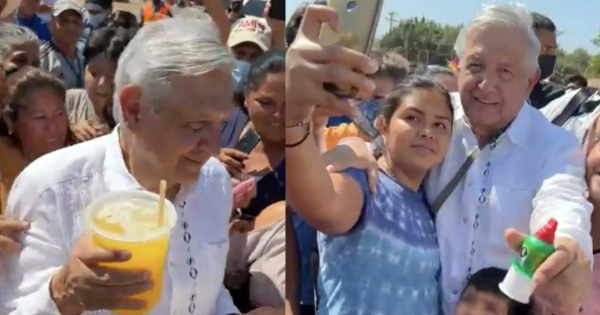 Apapachan a AMLO, le regalan dulces y un morral huichol durante su visita a Ruiz, Nayarit