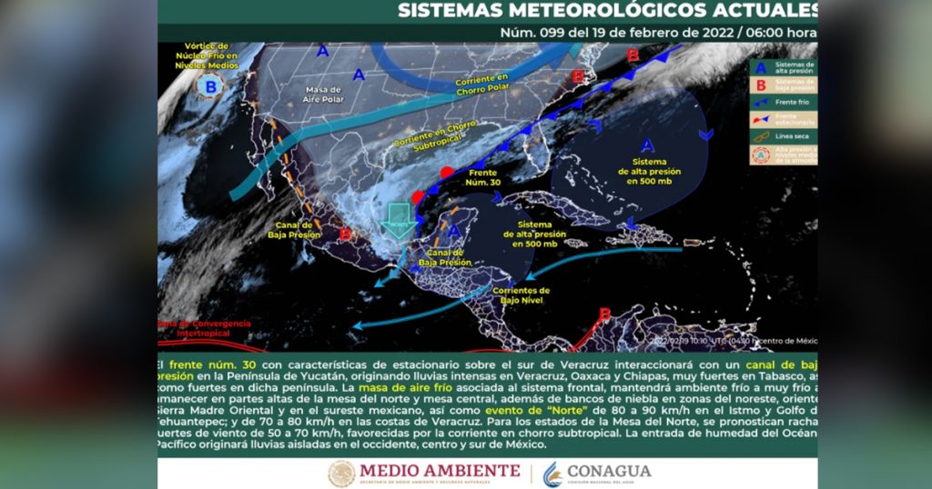 Frente frío 30 traerá lluvias a ocho estados este fin de semana