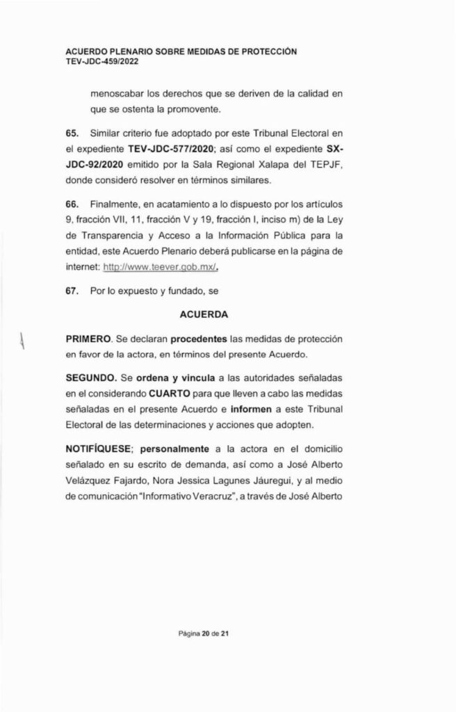 Emite el TEV medidas de protección a favor de funcionaria de la Judicatura