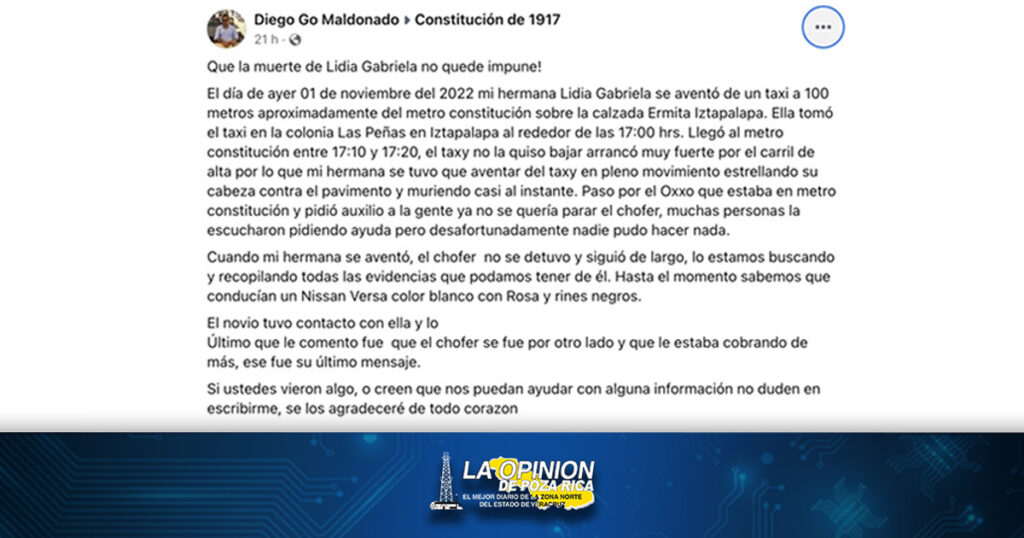 Lidia Gabriela murió al lanzarse de un taxi