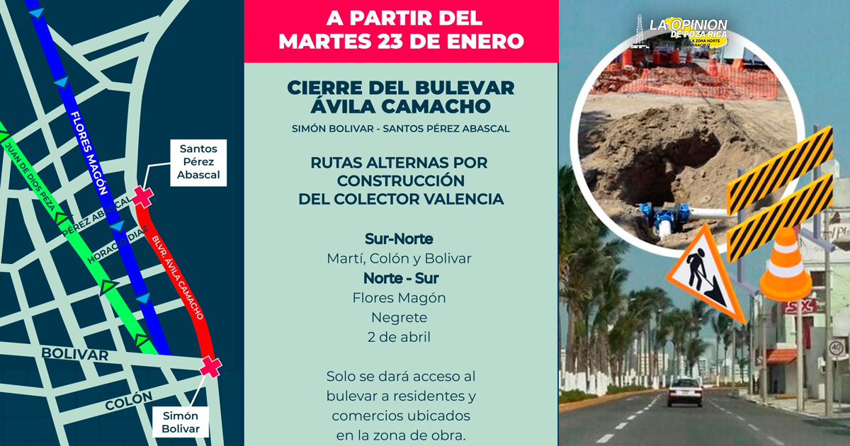 Por obra de Colector Pluvial cerrarán boulevar "Ávila Camacho" en Veracruz puerto