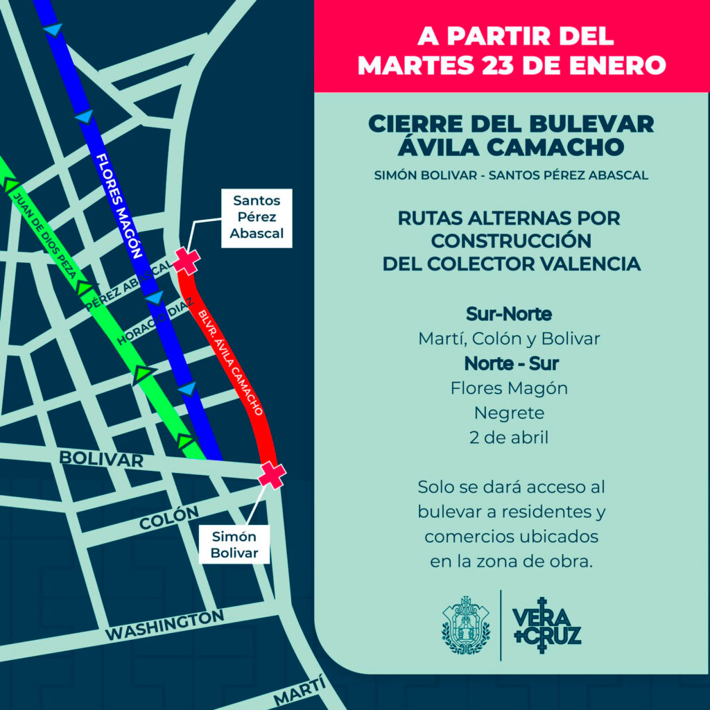 Por obra de Colector Pluvial cerrarán boulevar "Ávila Camacho" en Veracruz puerto
