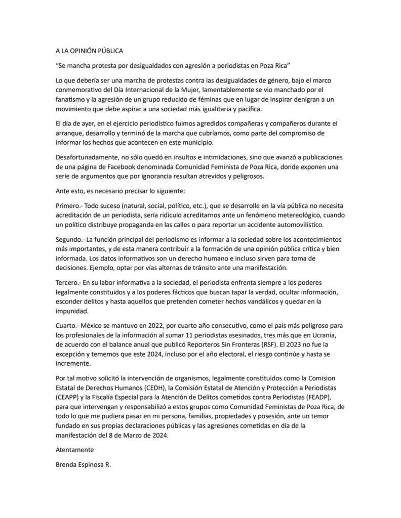 Periodista denuncia, fue agredida en marcha 8M