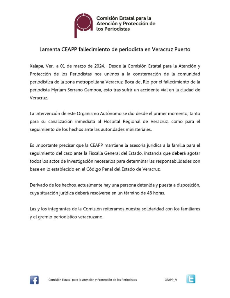 Lamenta CEAPP fallecimiento de periodista en Veracruz Puerto