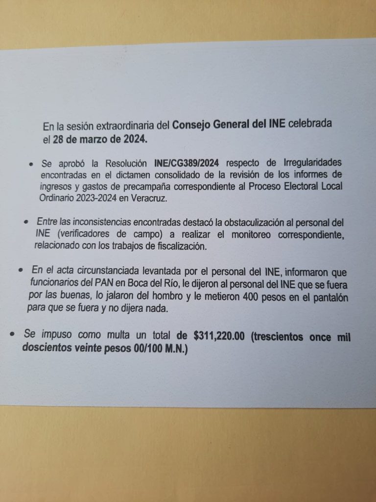 INE multa al PAN por intento de soborno a funcionarios de Veracruz
